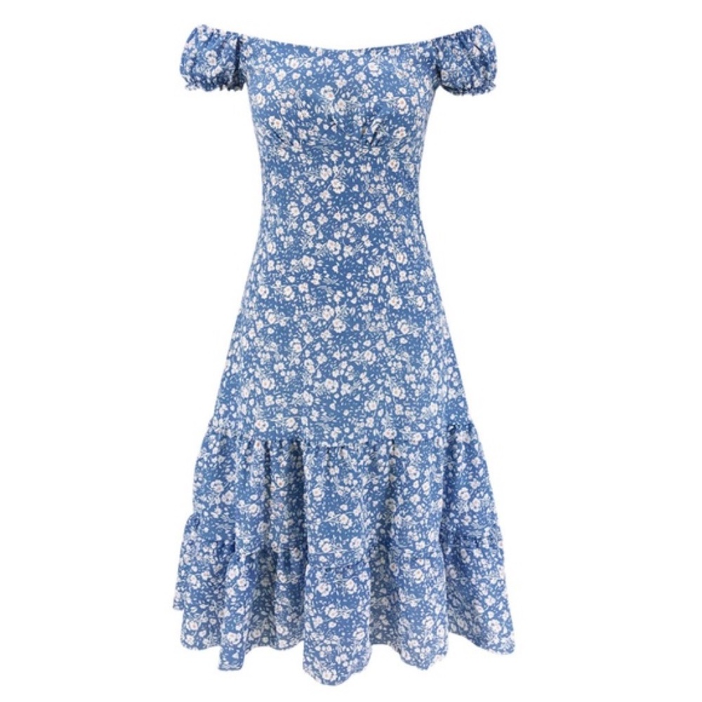 Boho Blue Floral Ruffle Hem Off Shoulder Dress - Picture 2 of 6